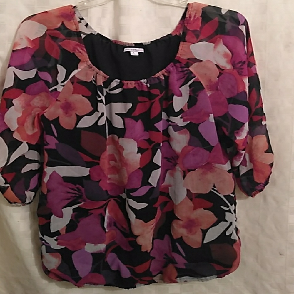 Women's Floral 3/4 Sheer Sleeve Blouse- Large